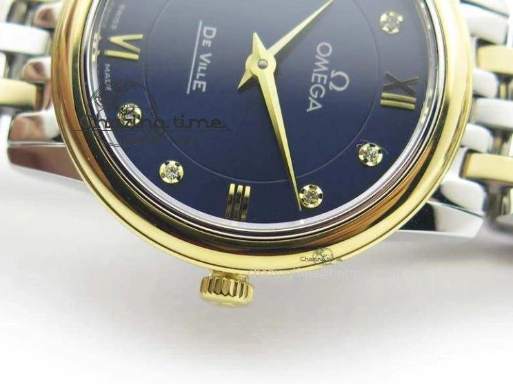 0124 HighQuality De Ville 27mm SS YG Ladies MK 1:1 Best Edition Blue Dial Diamond Markers On SS Bracelet Ronda Quartz 8186